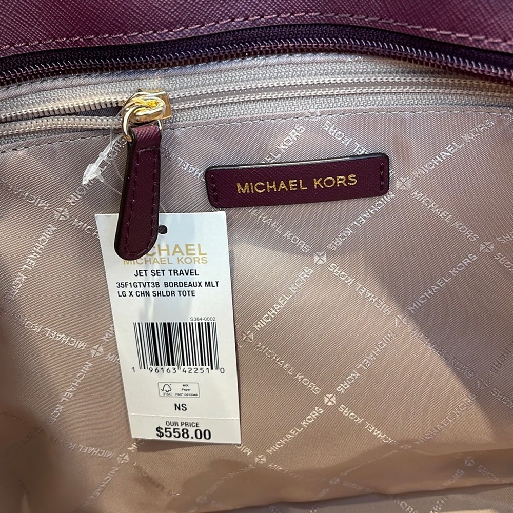 Michael Kors Jet Set Travel Large Chained Tote Shoulder Bag MK Bordeaux Multi - Picture 2 of 16
